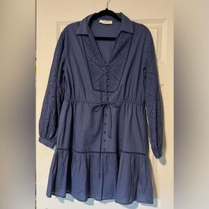 MANGO Size Small Blue Cotton Embroidered Details Shirt Dress EUC